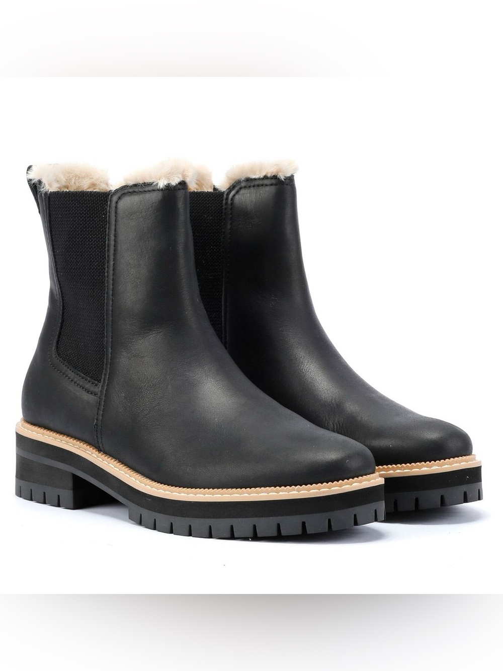 ♥️♥️ Toms Women's Bennet Faux Fur Chelsea Lug Booties - Black Leather/Faux Fur